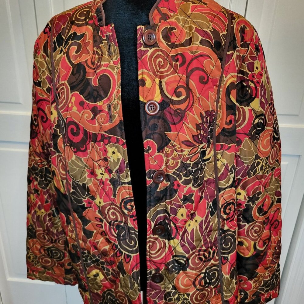 Red/Brown Floral Print Quilted Jacket L Avant Garde Artsy Boho Maximalist